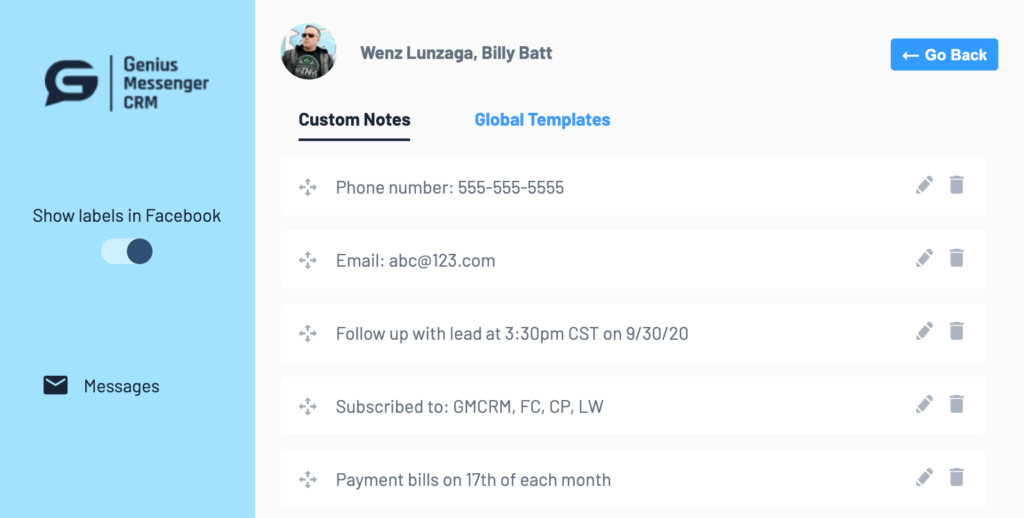 Genius Messenger CRM Notes