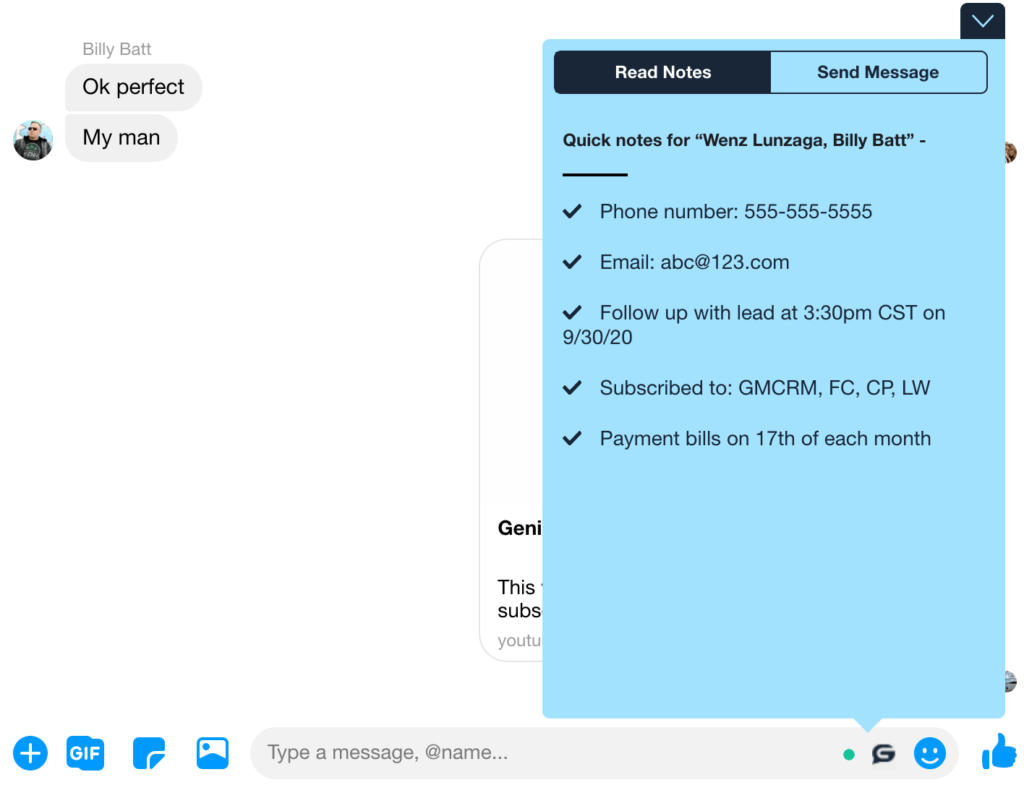 Genius Messenger CRM Notes in Messenger