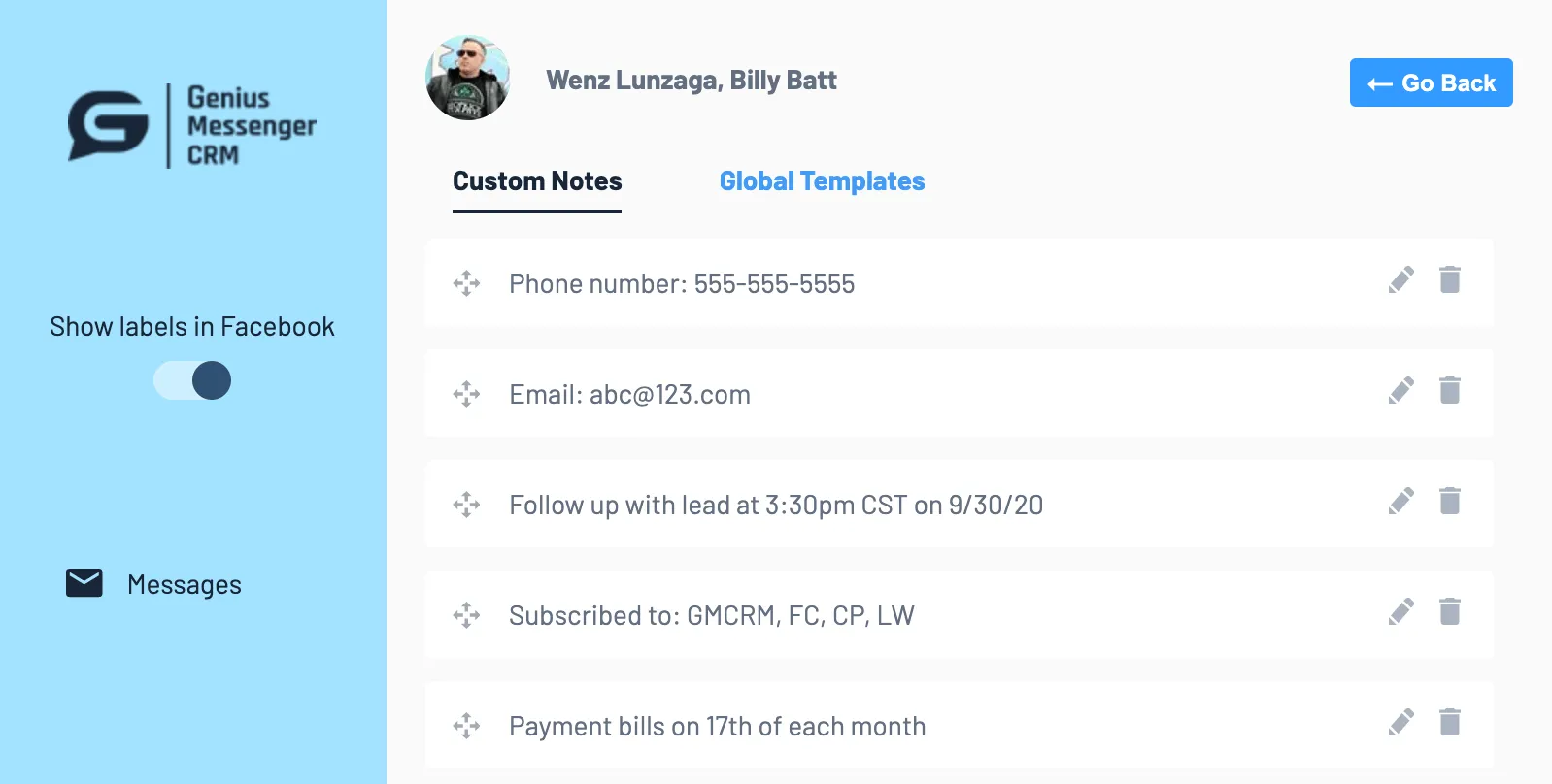 Notes Genius Messenger CRM Notes